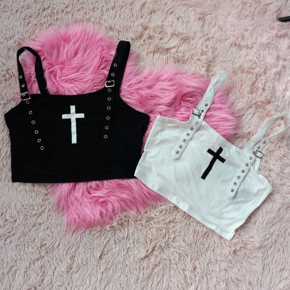Rad goth cropped tank w/ cross and eyelet straps! SOLD! - Picture 1 of 6